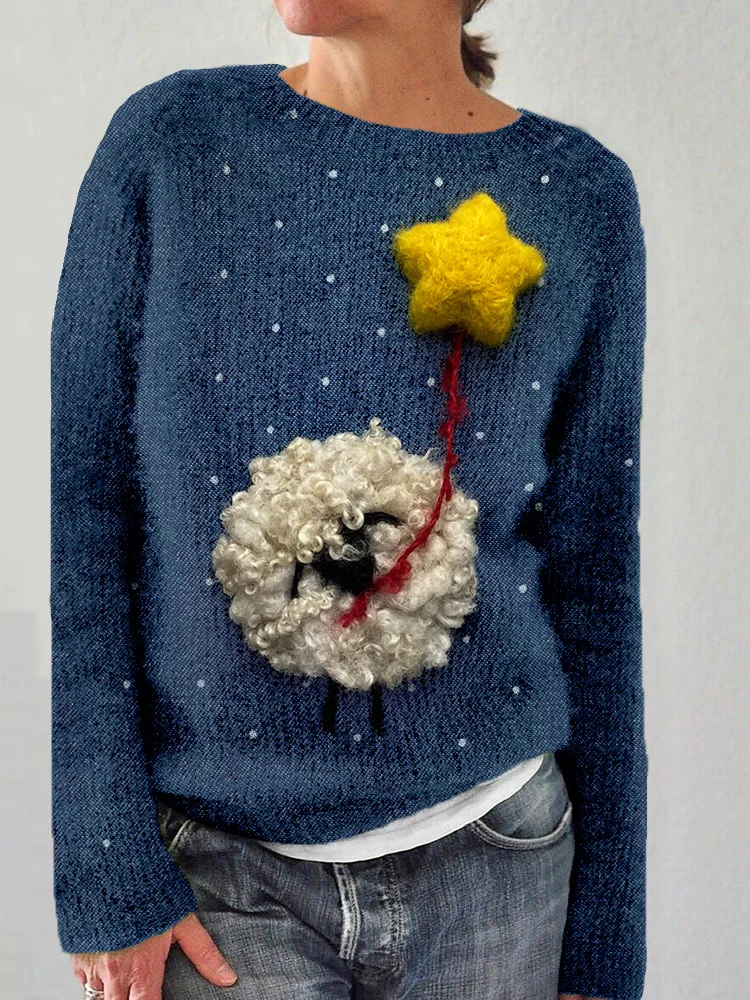 Cute Fuzzy Sheep with Star Felt Art Comfy Sweater