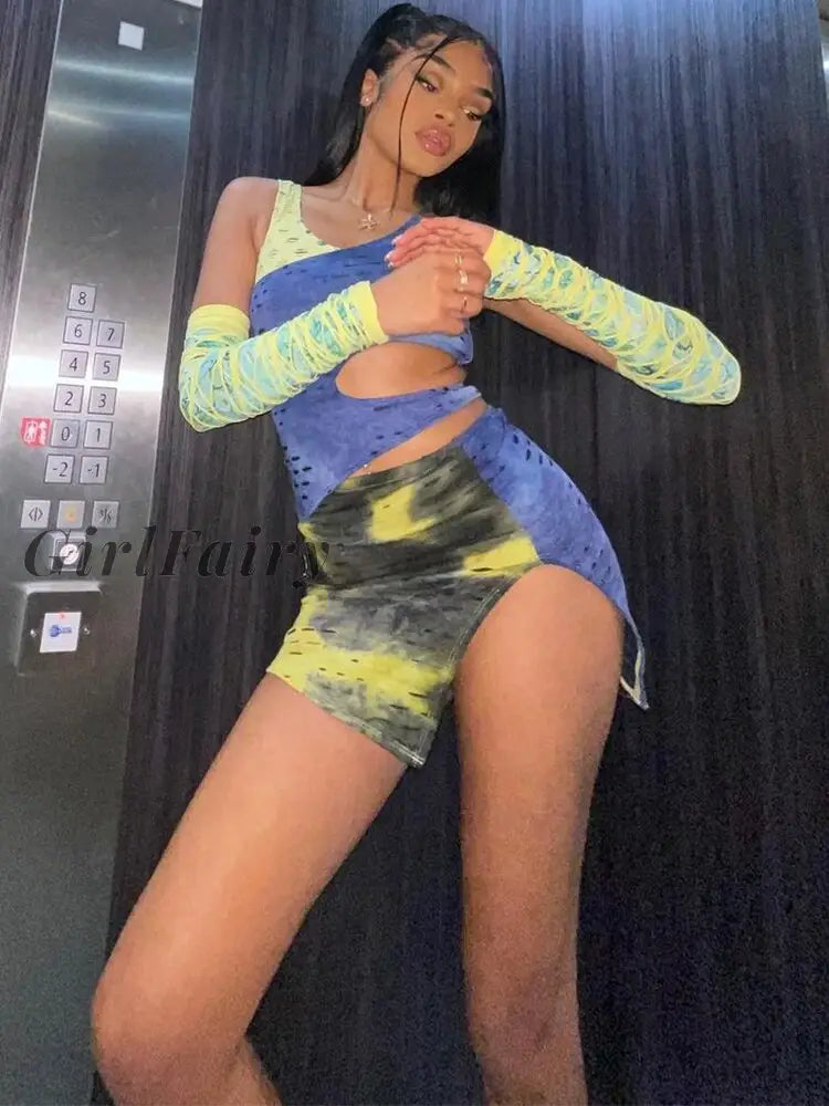 Girlfairy Color Hollow Out Patchwork Casual Women Mini Dress Summer Fall Long Sleeve Unique Skirts