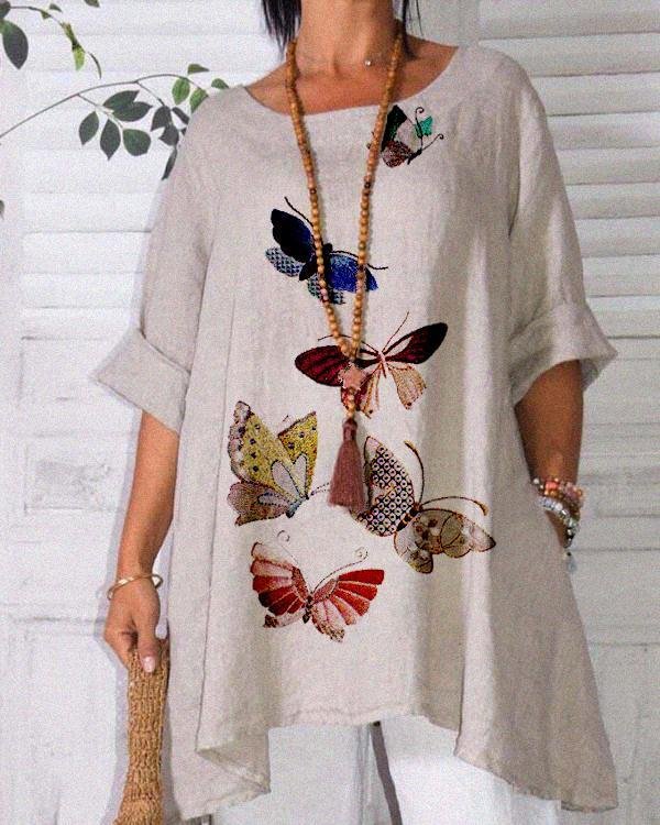 Butterfly Mid-Length Sleeve Round Neck Plus Size T-Shirt
