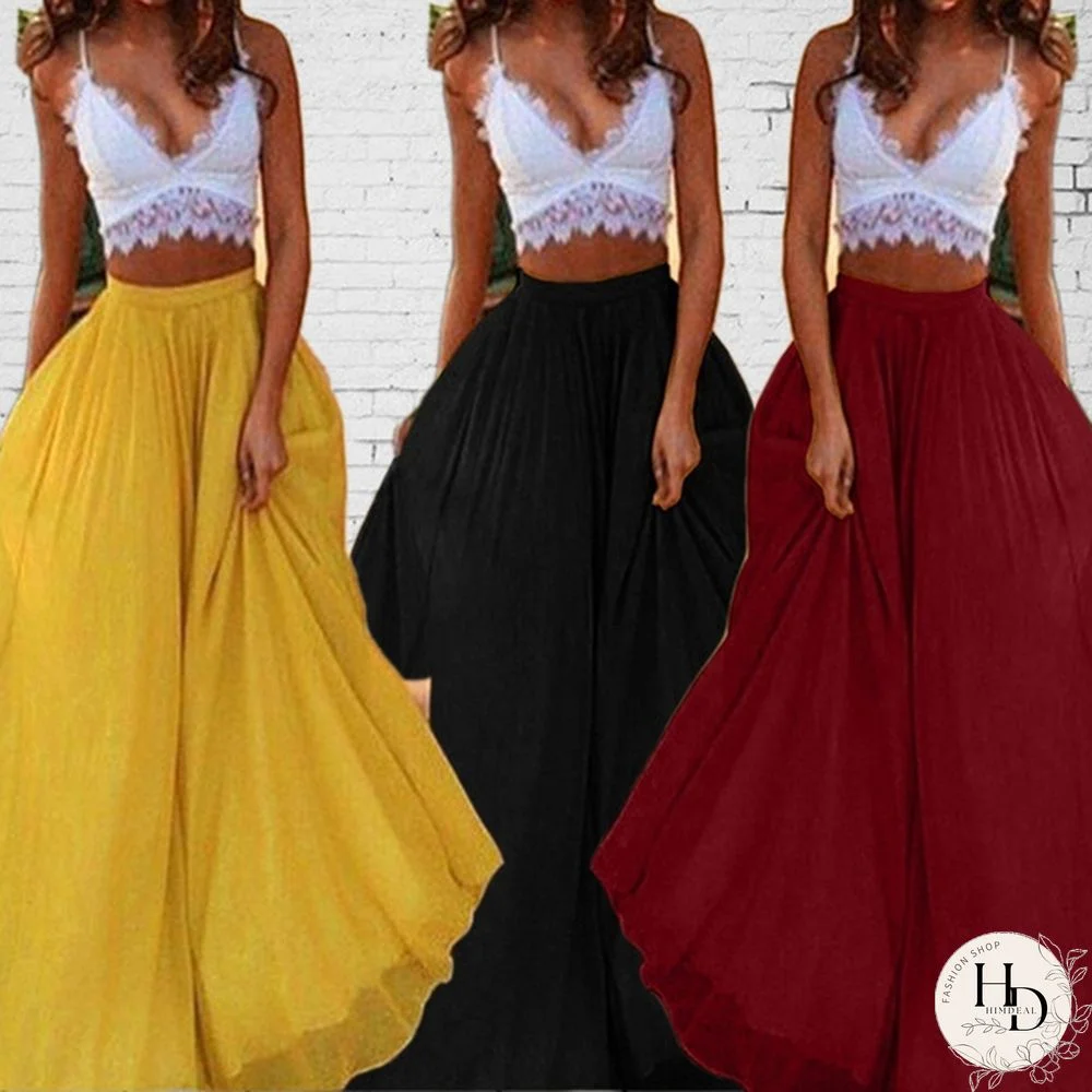 Summer Solid Color High Waist Skirt Xl Stretch Waist Bohemian Fashion Big Swing Skirt (Only Skirt)