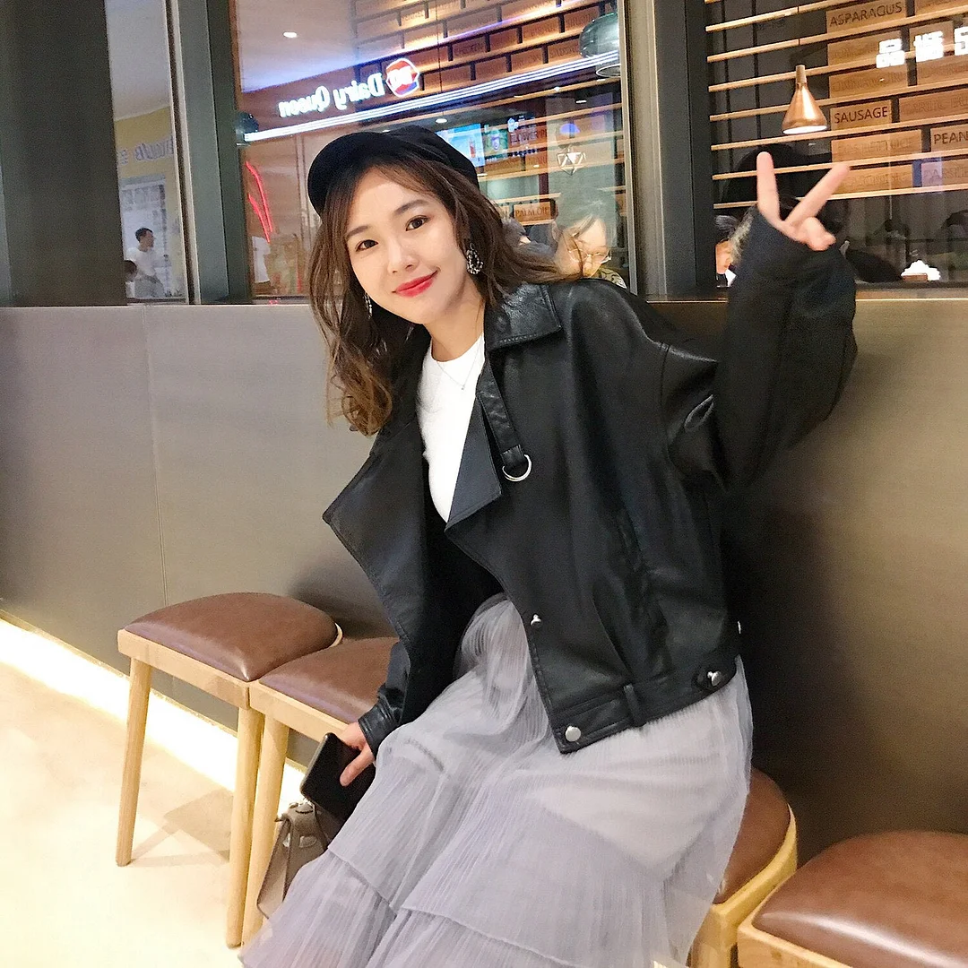 Ftlzz Autumn Faux Leather Jacket Women Loose Turndown Collar Single Breasted Motorcycle Leather Coats Moto Jacket Women