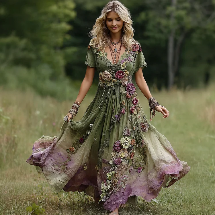 VChics Women's Vintage Floral Embroidery Gradient Pattern V-neck Maxi Dress
