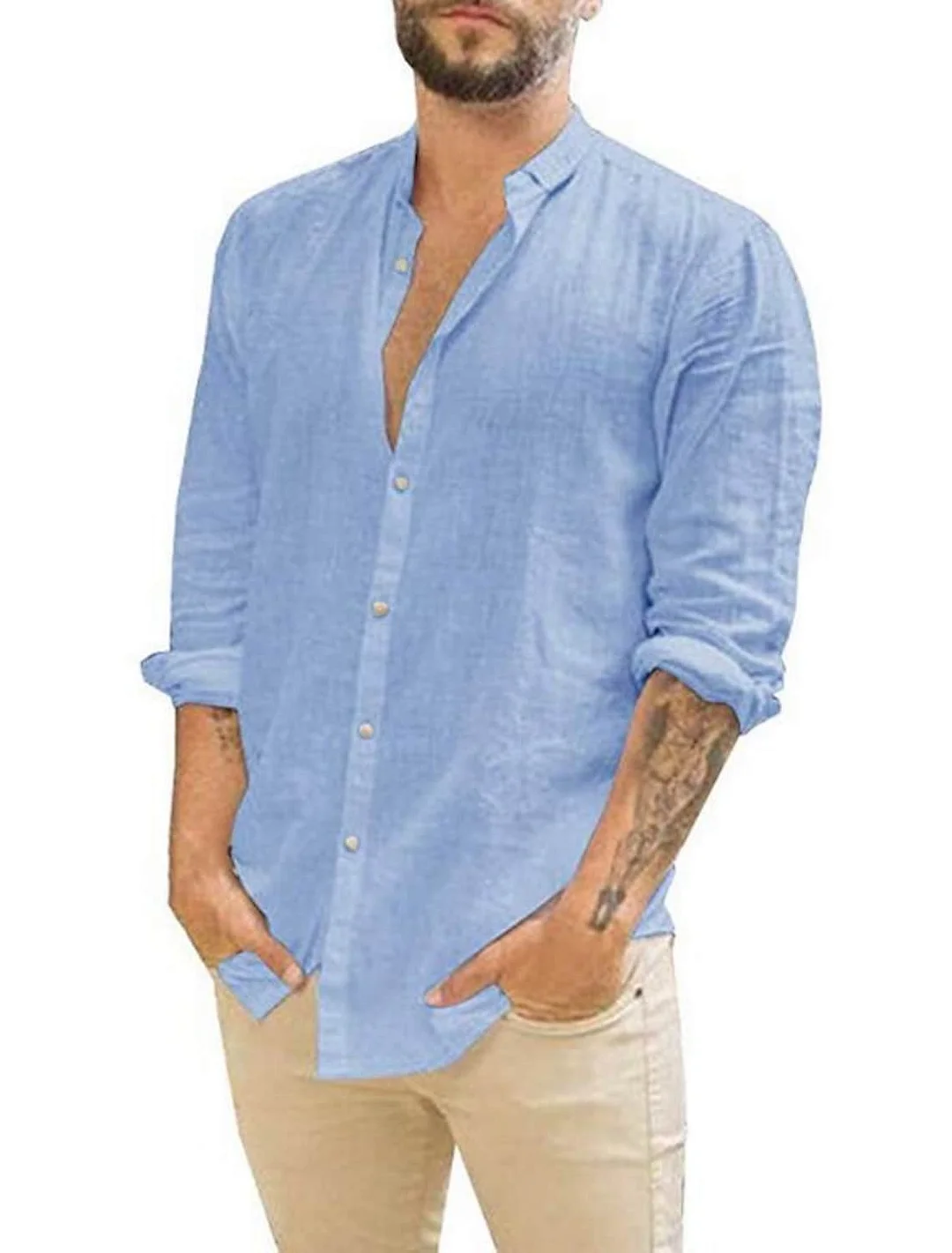 Men's Shirt Solid Color Long Sleeve Street Tops Cotton Lightweight Casual Breathable Henley Blue Yellow Fruit Green / Beach / Linen