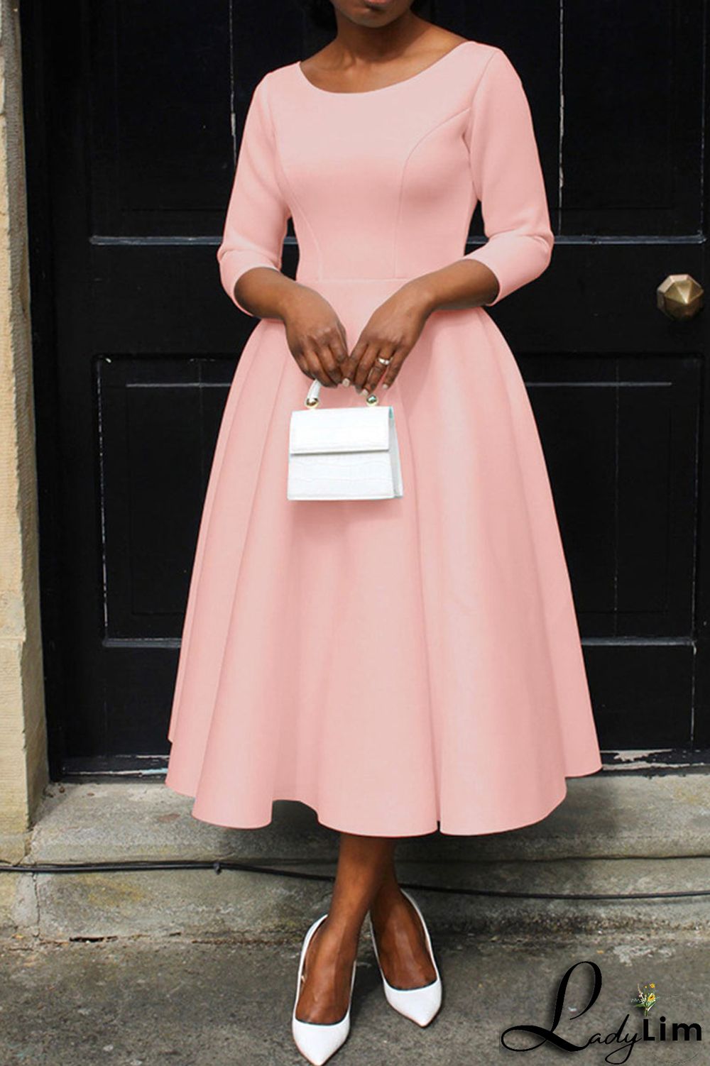 Pink Casual Elegant Solid Patchwork O Neck A Line Dresses