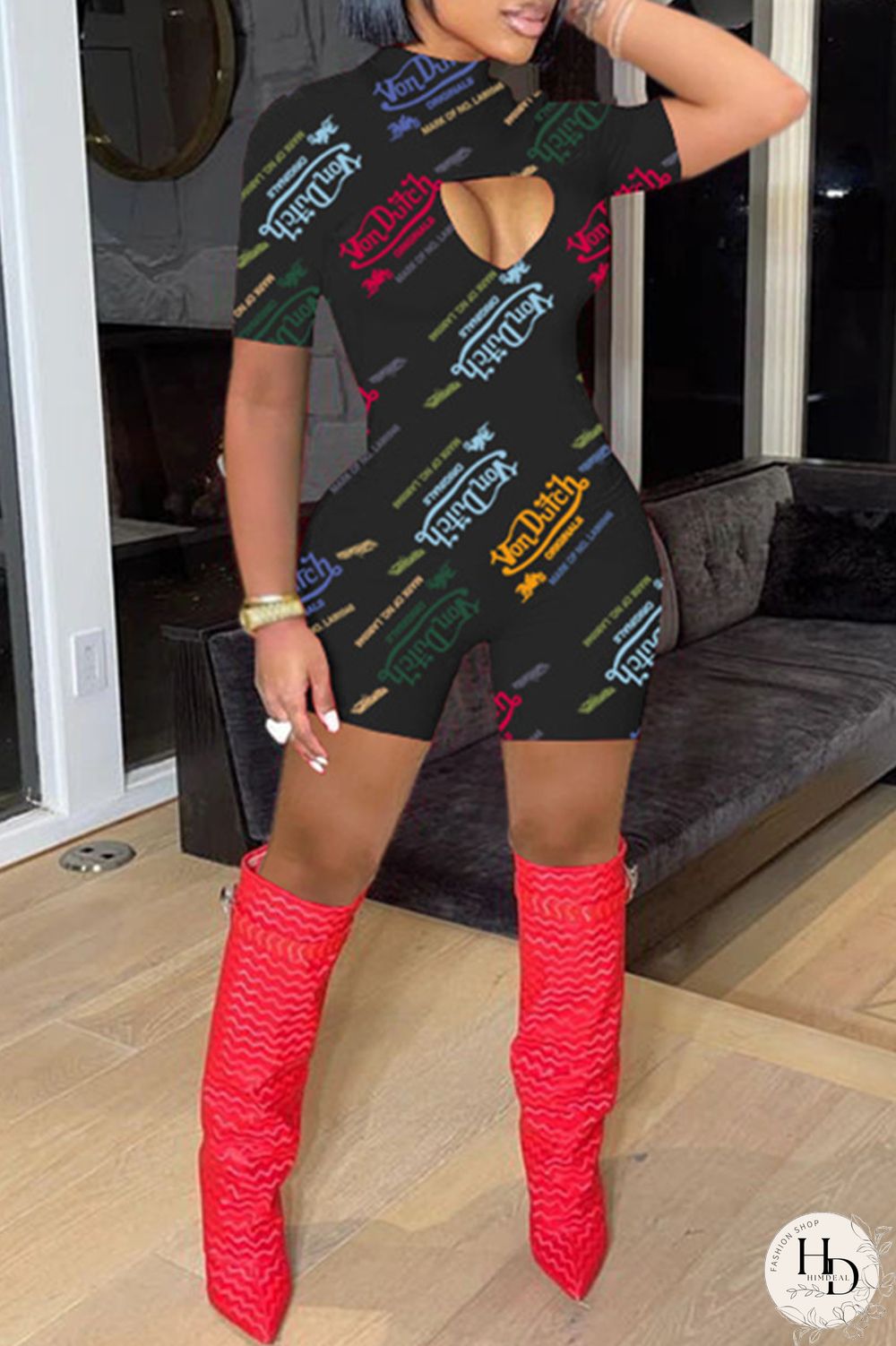 White Fashion Casual Print Hollowed Out Turtleneck Skinny Romper