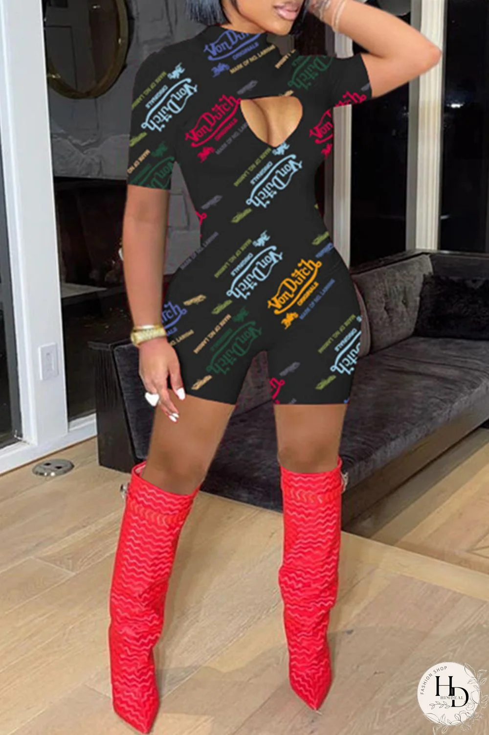 White Fashion Casual Print Hollowed Out Turtleneck Skinny Romper