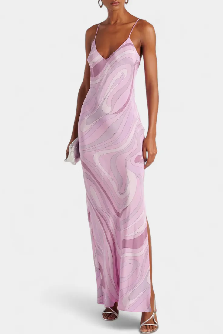 V-Neck Slit Maxi Dress with Swirl Print