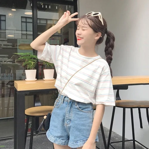 Korean O-neck T Shirt Women kawaii pink Striped Tops Harajuku Tshirt Summer Short Sleeve casual loose T-shirts camiseta feminina