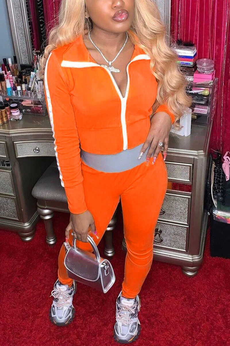 Orange Sportswear Solid Patchwork Turndown Collar Long Sleeve Two Pieces | EGEMISS
