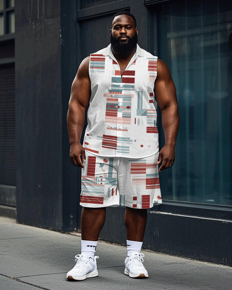 Men's Big and Tall Fashion Artistic Color Block Printed Sleeveless Shirt and Shorts Set