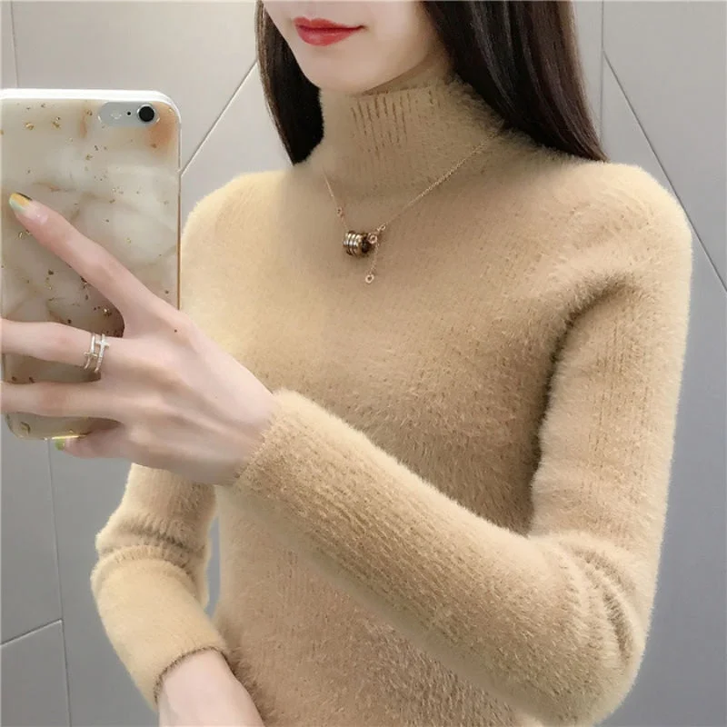Zoki High Quality Faux Fur Women Knitted Sweater Winter Warm Turtleneck Pullover Female Top Casual Thick Korean Loose Jumper