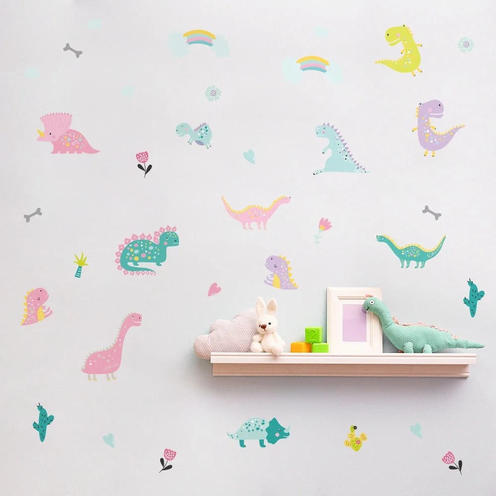 Cartoon Dinosaur Wall Sticker Kids Room Nursery Bedroom Living Room Mural Art Vinyl Decals Macaron Kindergarten DIY Wallpaper Ho