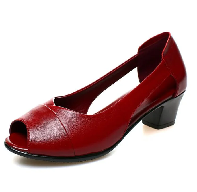 2020Summer Genuine Leather Comfortable Ladies Mid Heel Sandals Women Shoes Hollow Peep Toe Square Heel Sandals Woman Black