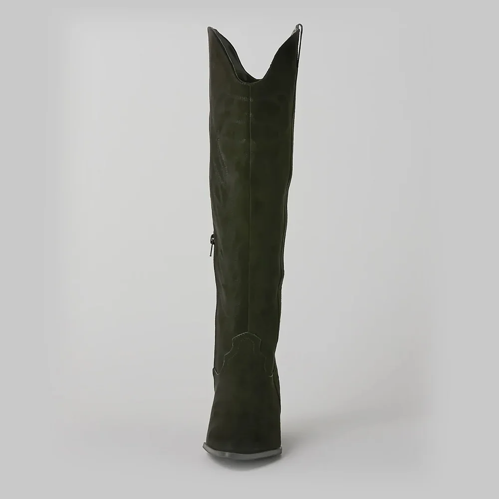 Olive Embroidered Mid Calf Vegan Suede Cowboy Boots for Women