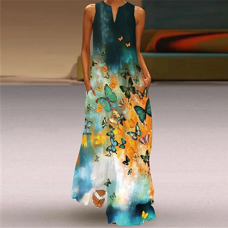 Butterfly Print V Neck Sleeveless Maxi Dress