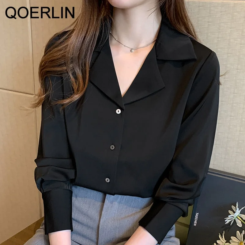 QOERLIN Fashion White Shirts Silk Women Blouses Office Lady Satin Blouse Long Sleeve Blouse OL Suit Collar Casual Ladies Tops