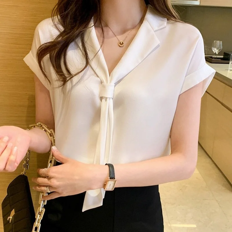 2021 Summer Short Sleeve Chiffon Shirt Women V-neck Tie Solid Loose White Blouses And Shirts Korean Plus Size Women Tops 13926