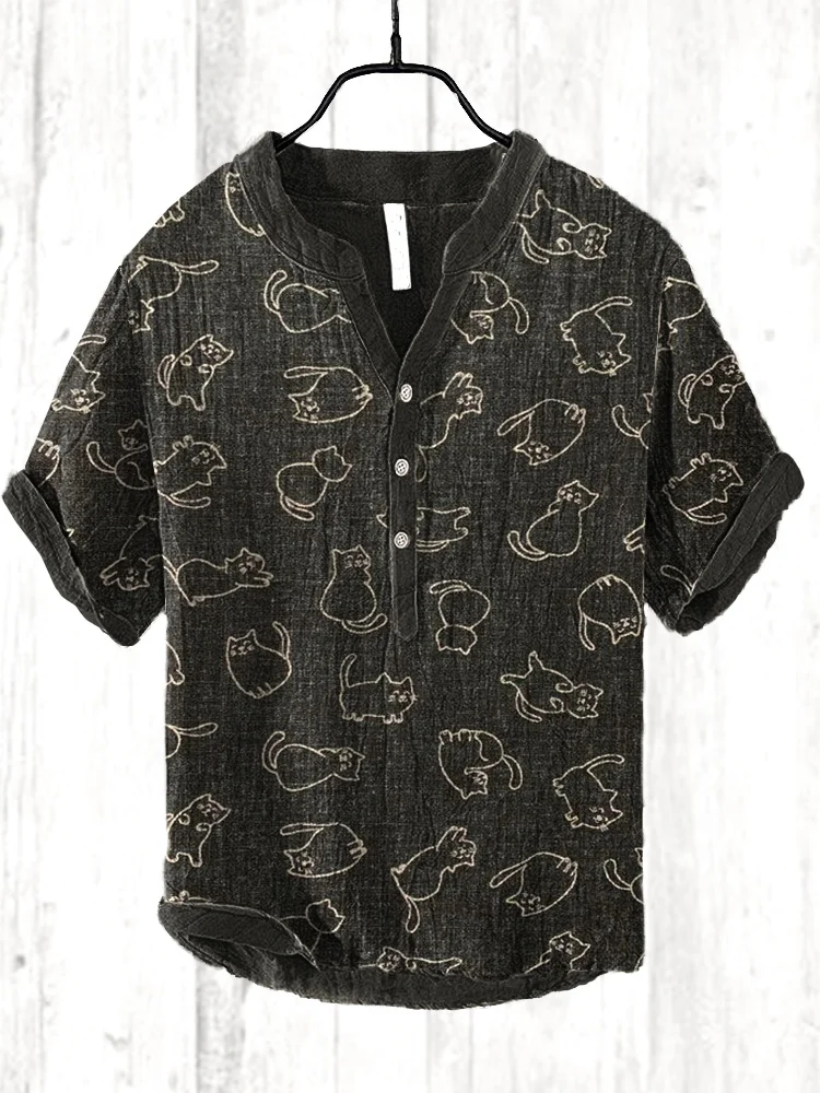 Vintage Japanese Cats Printed Casual Cozy Cotton Linen Shirt