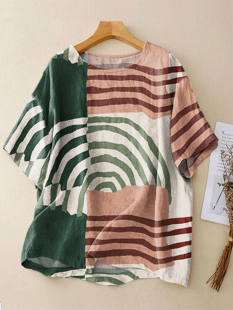 Women's Retro Abstract Stripes Art Print Casual Linen Crew Neck Shirt