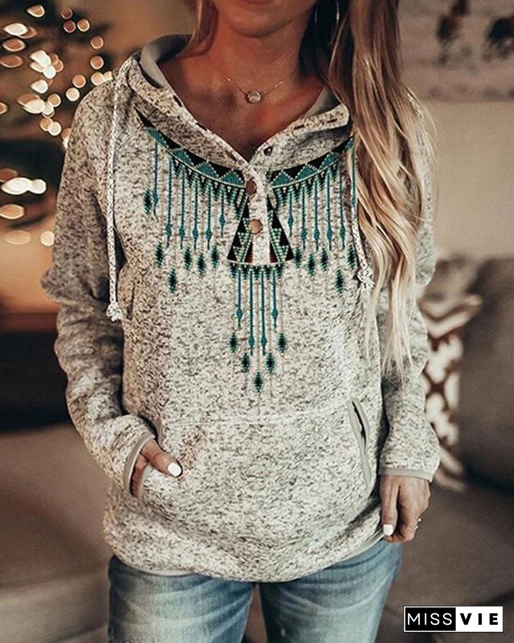 Women's Vintage Print Casual Pocket Fleece Hoodie & Sweatshirt