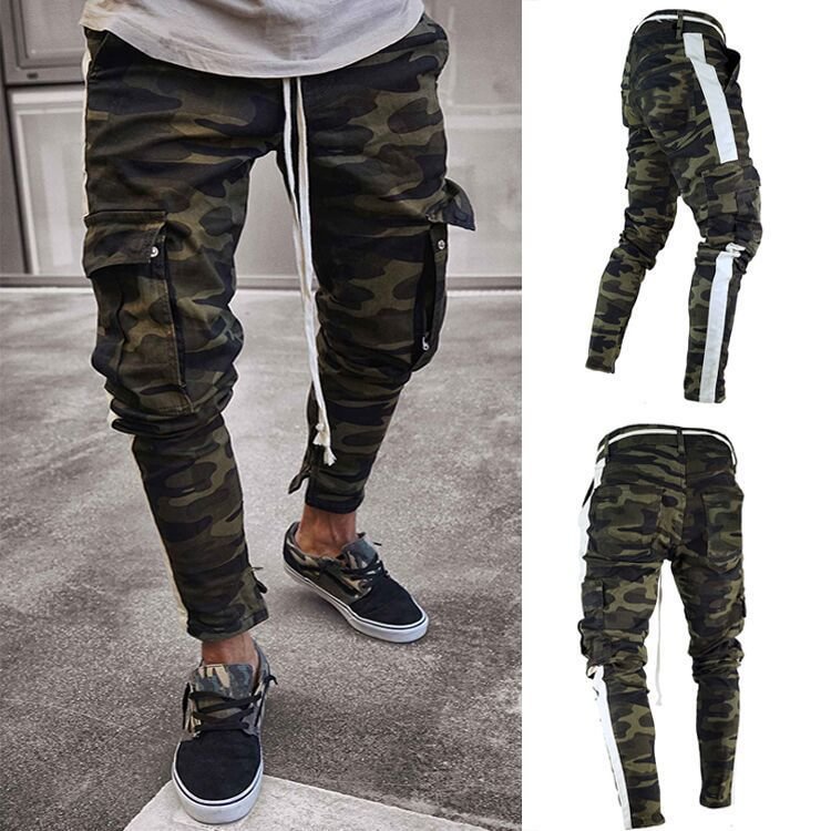 Mid Waist Men's Multi-pocket Skinny Jeans Side Ribbon Camouflage