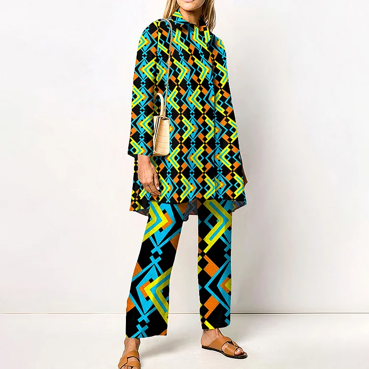 Fashion Geometric Print Lapel Shirt Two Piece Set