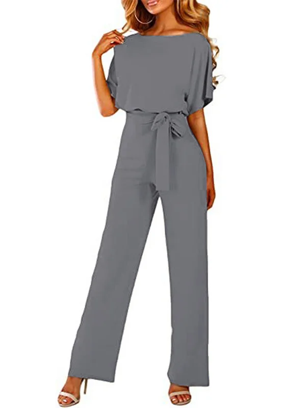 Solid Color Ribbed Wide Leg Short Sleeves Round-neck Jumpsuits