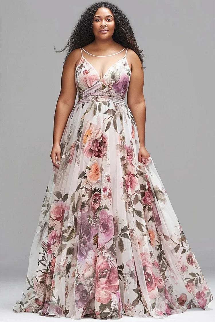 Flycurvy Plus Size Bridesmaid Pink Floral Print See-through Empire Waist Maxi Dress  Flycurvy [product_label]