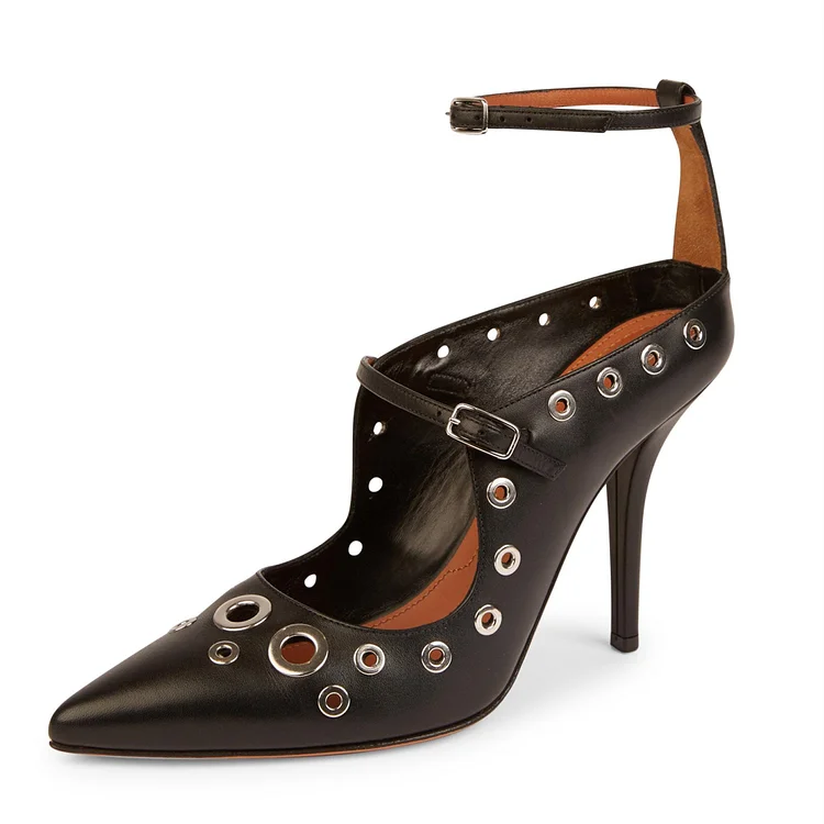 4 inch Heels Black Studded Pointy Toe Ankle Strap Heels for Women |FSJ Shoes
