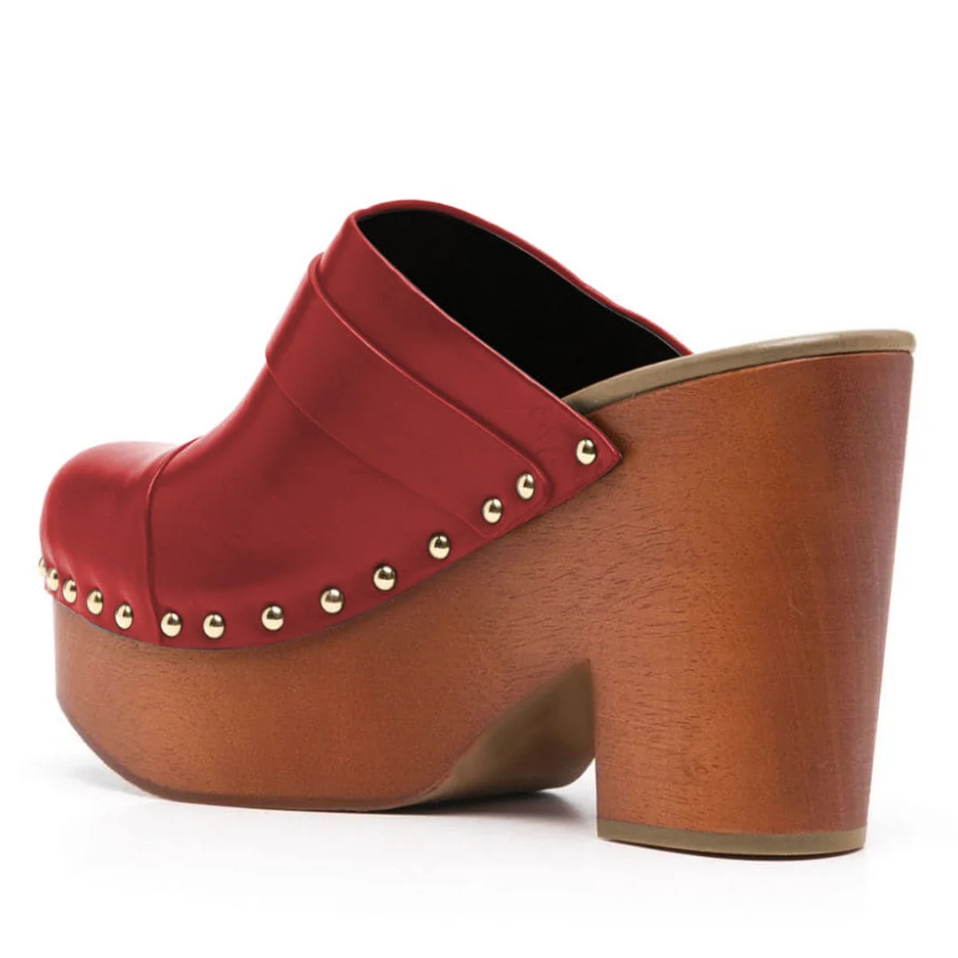 Red Pull-On Studs Buckle Strap Block Heel Platform Mules for Women