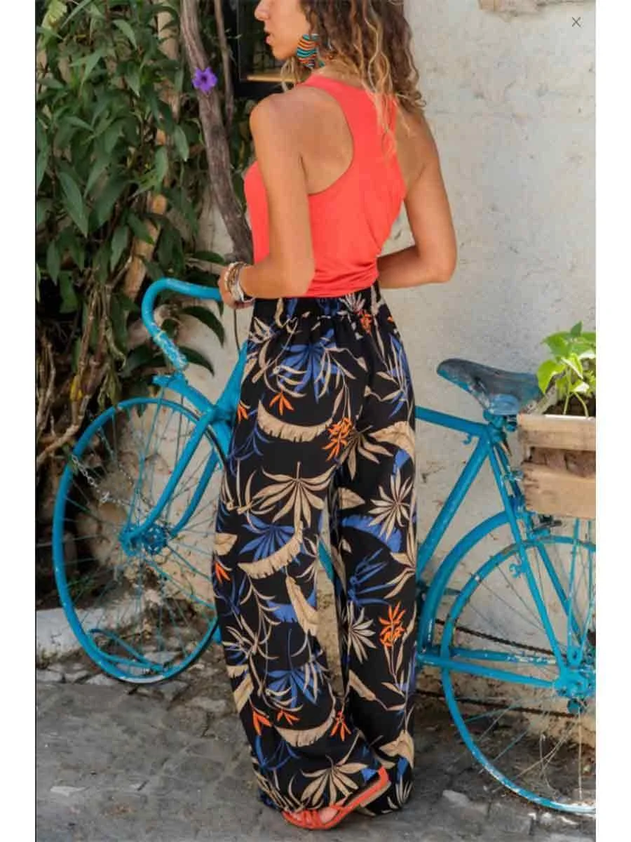 Bohemia Elastic Waist Printed Vacation Pants