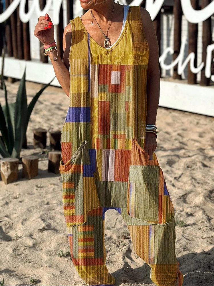 Abstract Pattern Hippie Art Print Casual 100% Cotton Wide Leg Jumpsuit