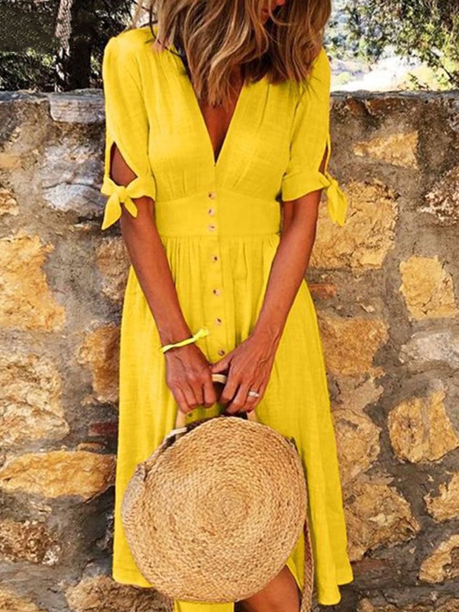 V-neck Solid Color Cotton And Linen Midi Dress