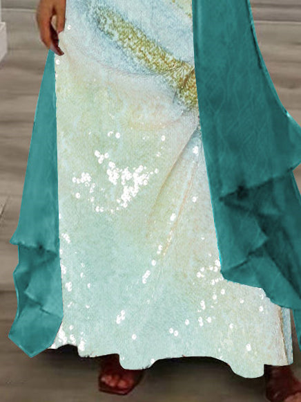 Women's Long Sleeve V-neck Graphic Printed Two Pieces Maxi Dress