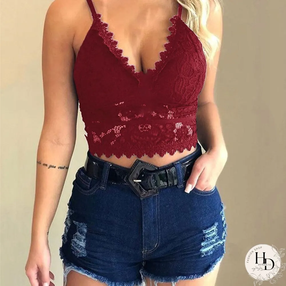 Womens Fashion Lace Floral Bralette Blouses V-Neck Tank Tops Crop Top Spaghetti Strap