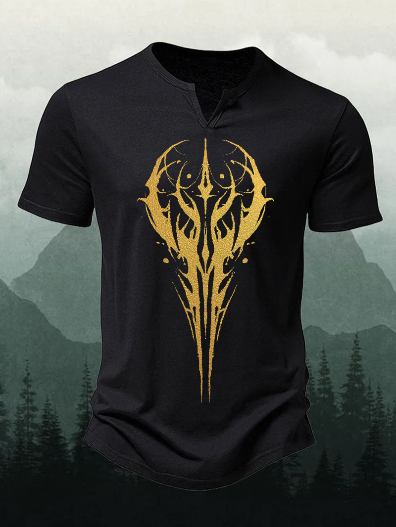 Men's Golden Dragon Print Short Sleeve V-neck Shirt