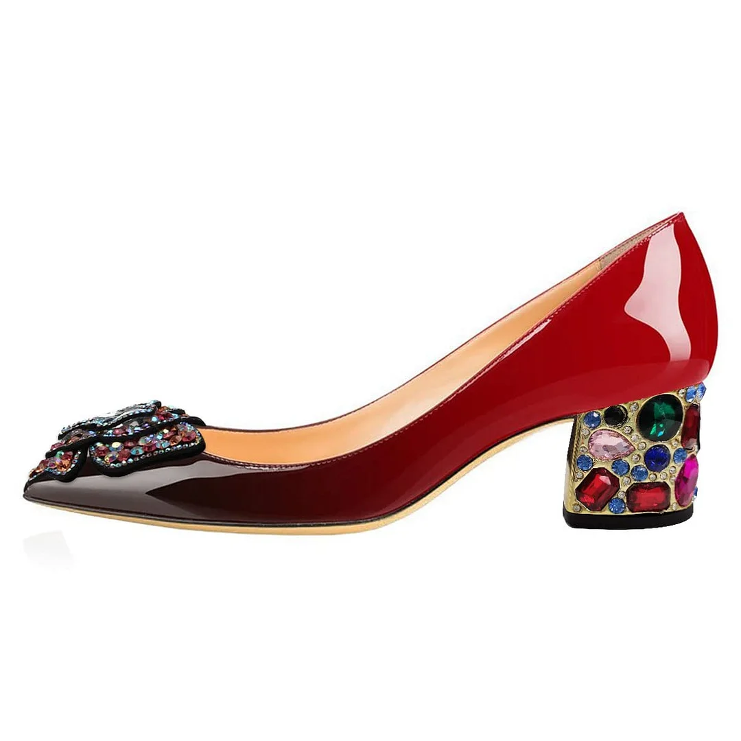 Patent Leather Red Shaded Butterfly Rhinestone Embellished Pumps 