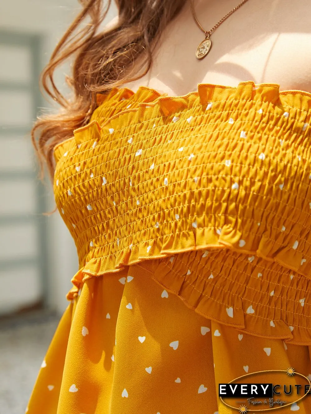 Heart Print Shirring Backless Design Sleeveless Tube Tank Top