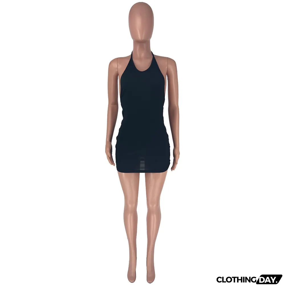 Halterneck Tie Open Back Side Button Dress