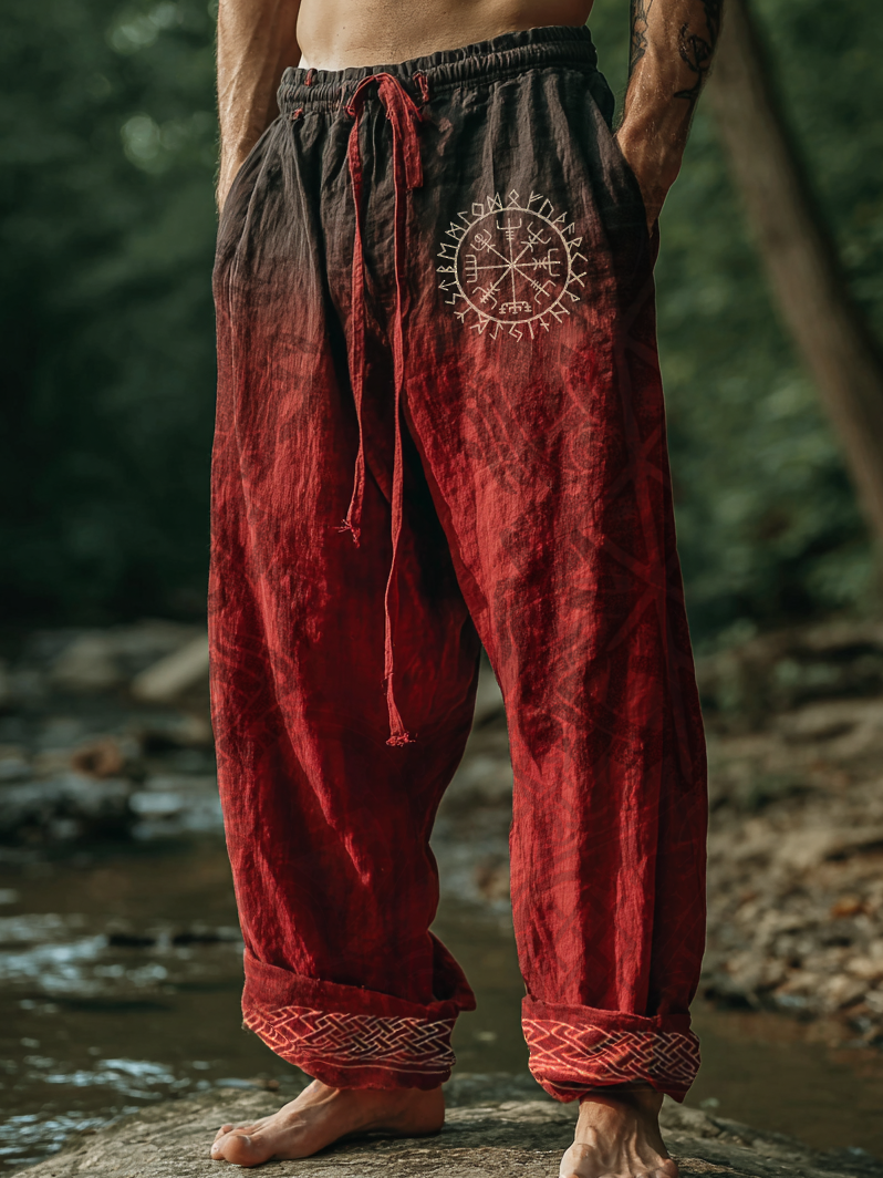 Men's Viking Raven Golden Rune Retro Nordic Casual Linen Pants / Rvogue / Rvogue