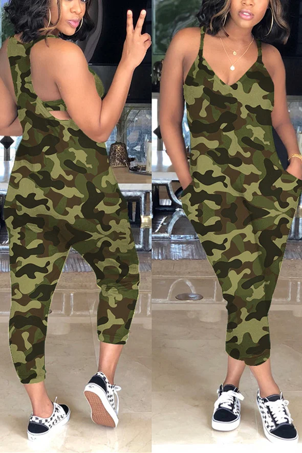 Green Sexy Slip V-neck Camouflage Jumpsuit | EGEMISS