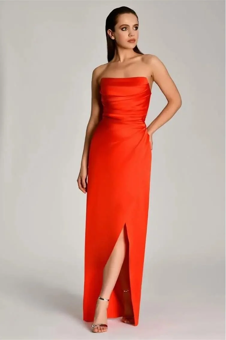 Miabel Elegant Bright Orange Satin Strapless Long Pleated Sleeveless Prom Dress with Split 