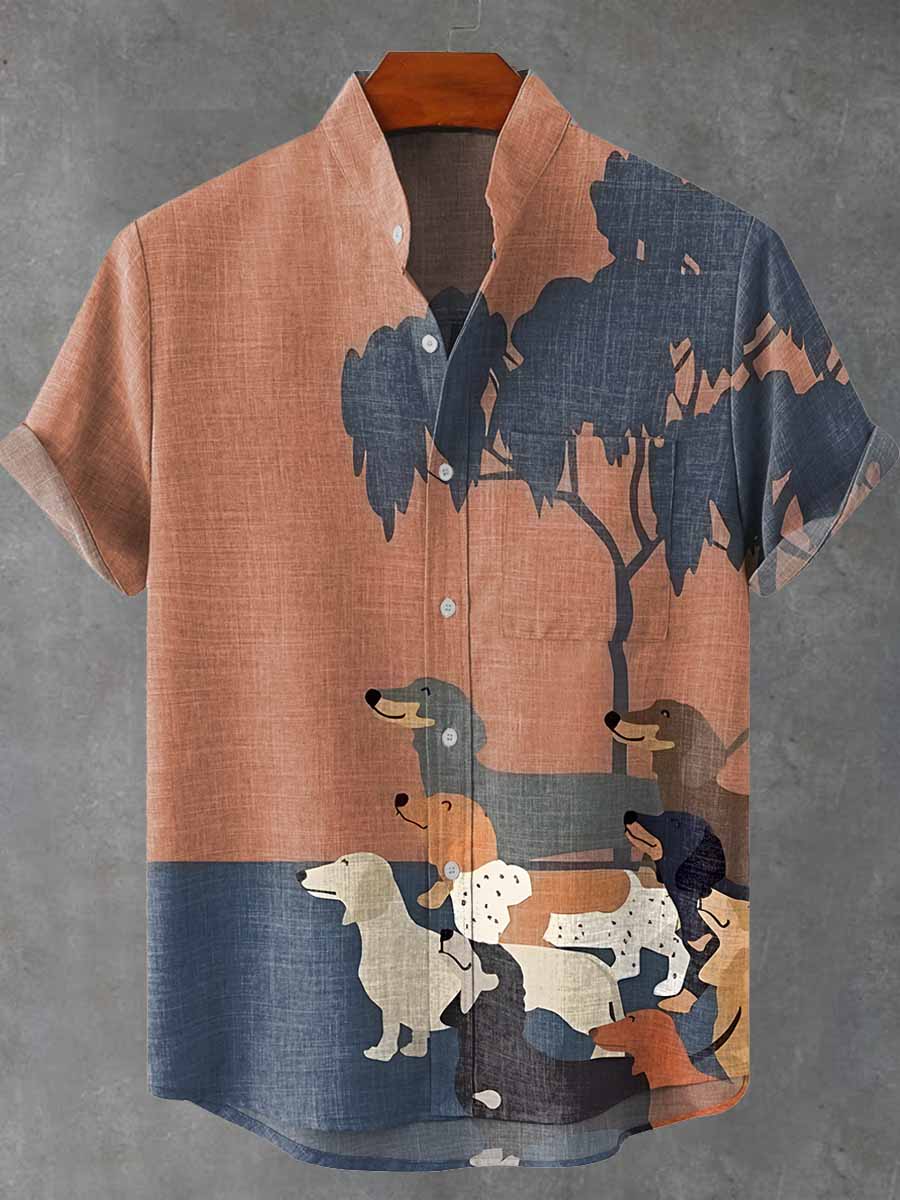 Art Abstract Dachshund Vintage Print Casual 100% Cotton Shirt