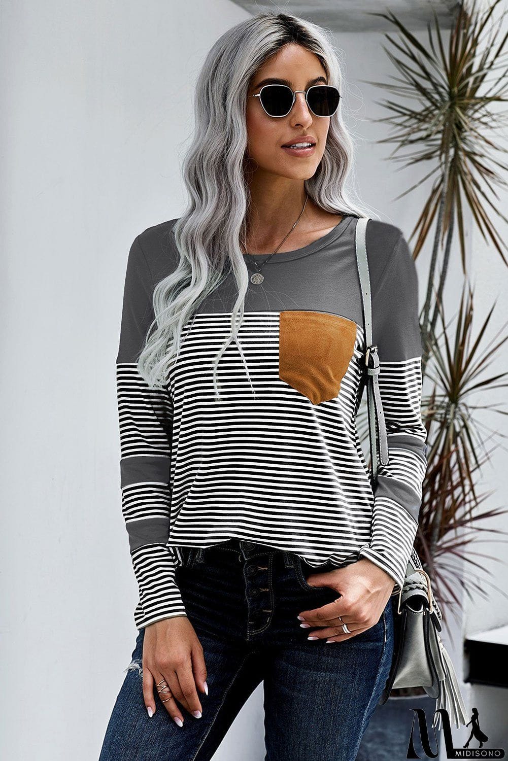 MidiSono - Casual Gray Striped Pinstripe Patch Pocket Long Sleeve Top