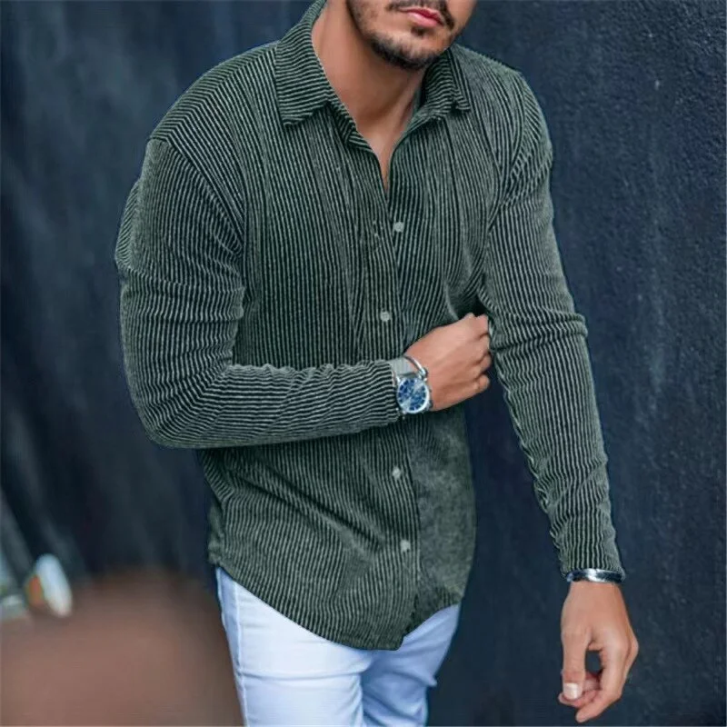Aonga Autumn Outfits     Fall Mens Corduroy Shirt Leisure Long Sleeve Button-down Turn-down Collar Slim Tops Cardigan For Men Spring Fashion Solid Shirts