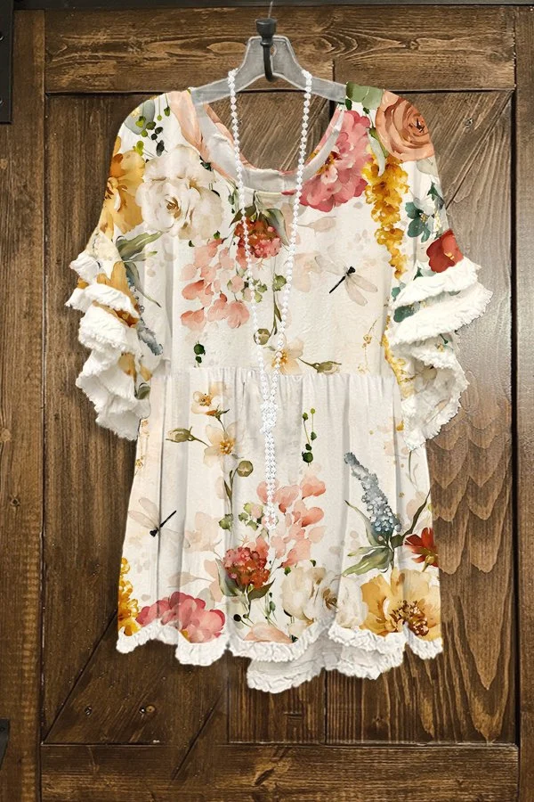 Loose Floral Print Ruffled Pleated T-shirt