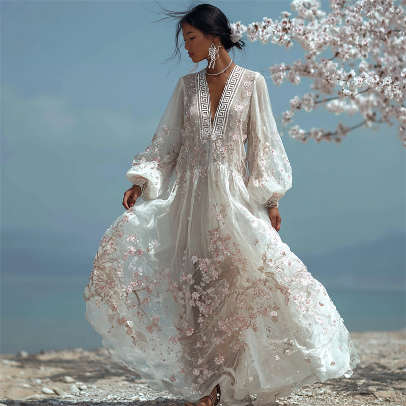 Elegant Cherry Blossom V Neck Flowy Linen Maxi Dress elevenforest
