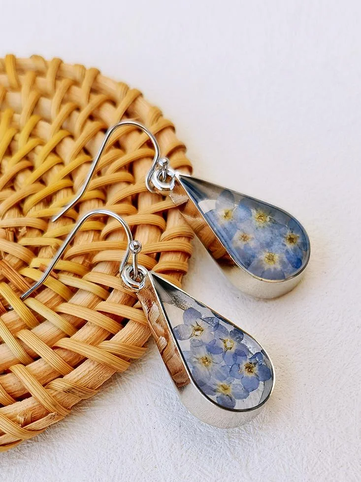 Pressed Flower Earrings -  Water Drop Forget Me Not Flower