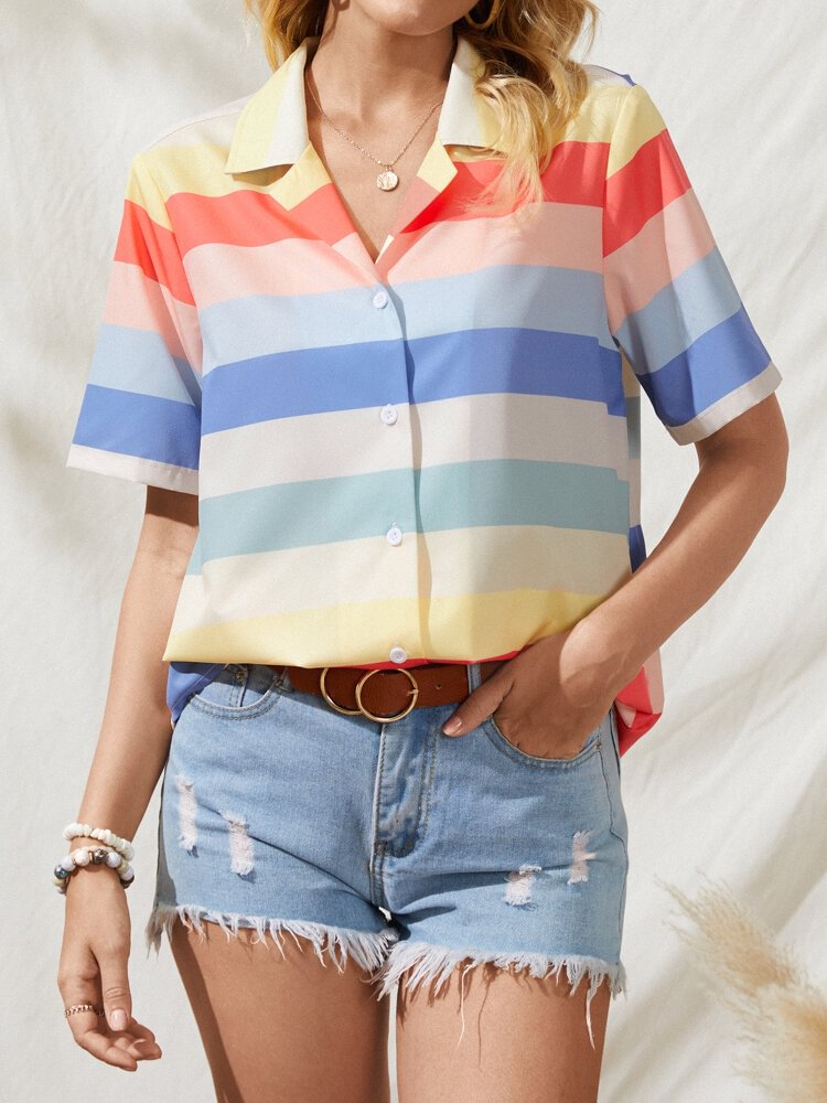 Multi color Stripe Print Lapel Short Sleeve Button Women Shirt P1849660
