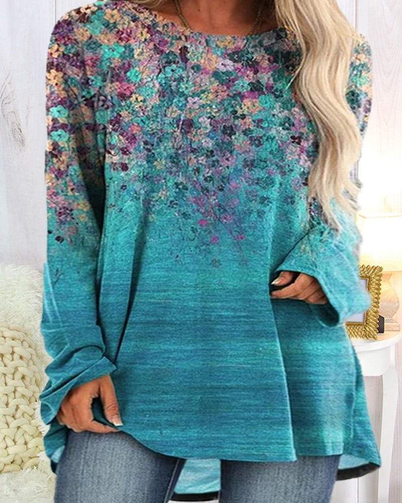 Distressed Flower Print Long Sleeve Round Neck Top